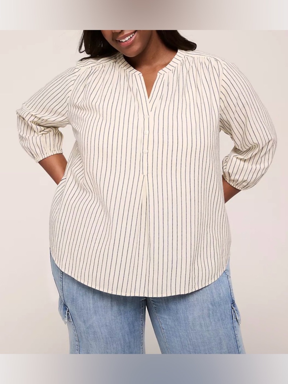 Lane Bryant Cream Blue Striped Popover Blouse Top Nautical Sailor Coastal Boho